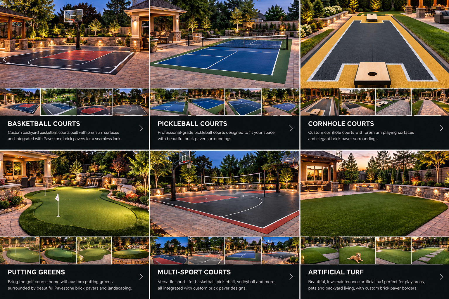 Six concept designs combining basketball, pickleball, cornhole, putting greens, multi-sport courts, and artificial turf with custom brick paver landscapes